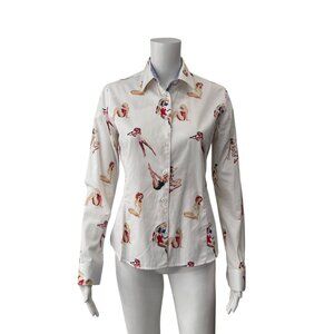 Xoos White Multi 50s Pin Up Ladies Button Down Blouse Top size FR 38/4-6